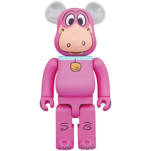 Front view of Medicom Toy Bearbrick 1000% Dino from The Flintstones, a collectible designer toy with pink body and cartoon face.