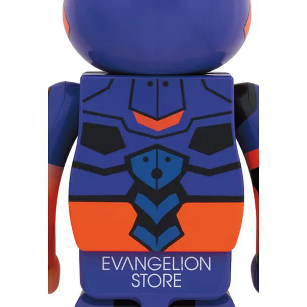Back view of EVA Unit 01 Bearbrick with Evangelion Store branding and armored detailing