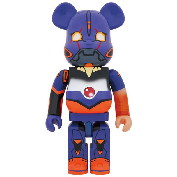 Front view of 1000% Bearbrick Evangelion EVA No.1 Awakening with glowing eyes and orange-purple armor