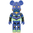 Front view of 1000% Bearbrick Evangelion Unit-01 New Paint edition with green and purple mech armor and glowing yellow eyes.