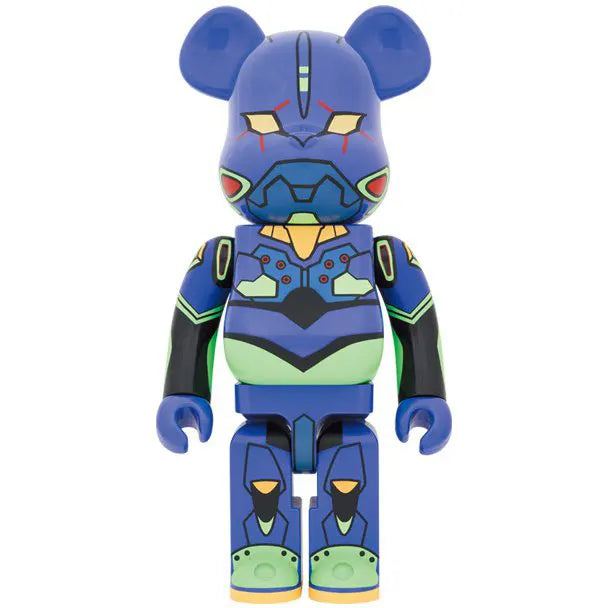 Front view of 1000% Bearbrick Evangelion Unit-01 New Paint edition with green and purple mech armor and glowing yellow eyes.