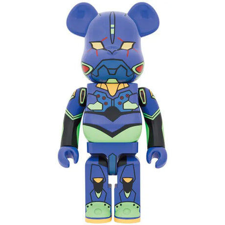 Front view of 1000% Bearbrick Evangelion Unit-01 New Paint edition with green and purple mech armor and glowing yellow eyes.