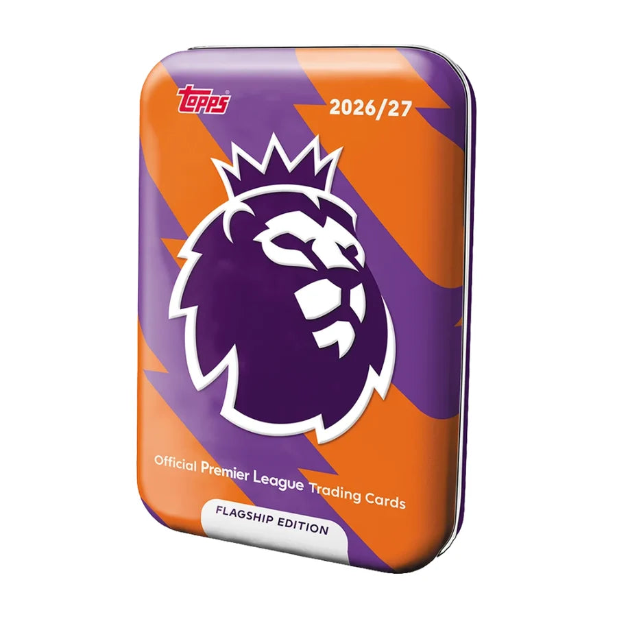 Topps Premier League 2026/27 Mega Tin 2 collection showing three collectible tin designs with exclusive football trading cards