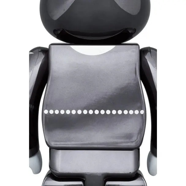 Rear view of Bearbrick KISS Demon set with metallic black and silver suit details
