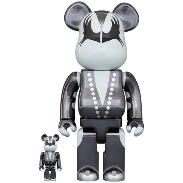 Front view of 400% & 100% Bearbrick KISS Demon Chrome Edition side by side