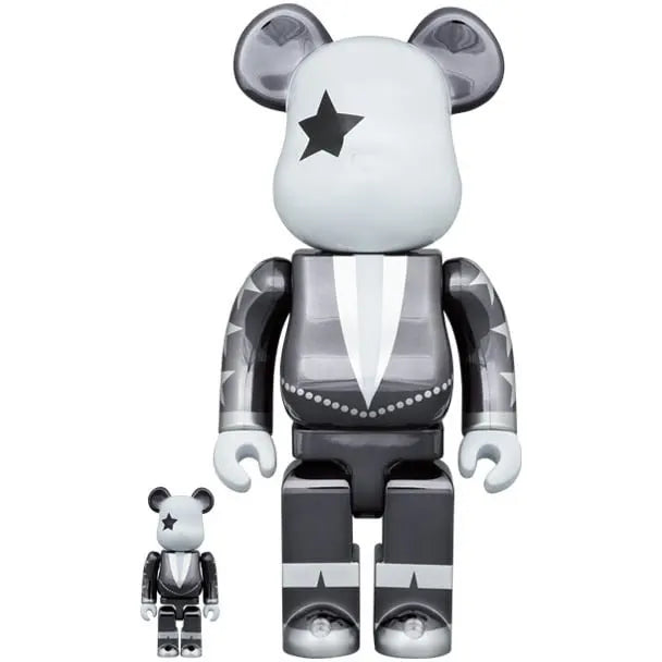 Front view of KISS Star Child Bearbrick 400% and 100% figures in chrome finish.