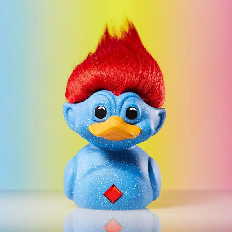 Front view of Trolls Blue Glitter Duck with red hair