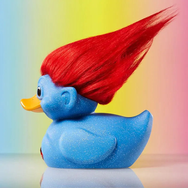 Blue Glitter duck collectible with exaggerated red hair