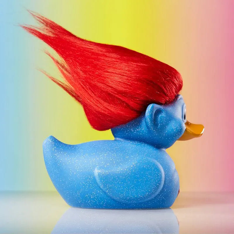 Left side view of Blue Troll duck with red troll hair