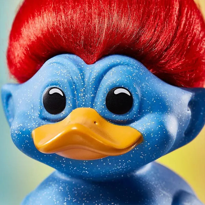Cute face close-up of Trolls Blue Glitter Duck TUBBZ