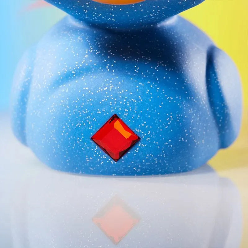 Red belly gem on glittery blue Trolls duck body
