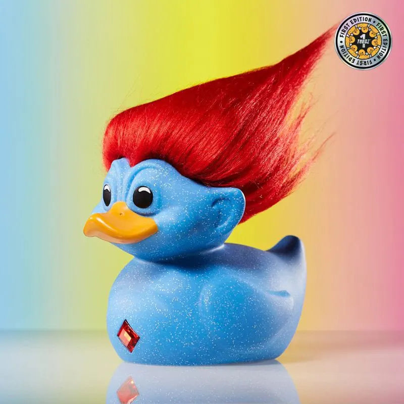 Blue Glitter Troll duck collectible with red hair – side view
