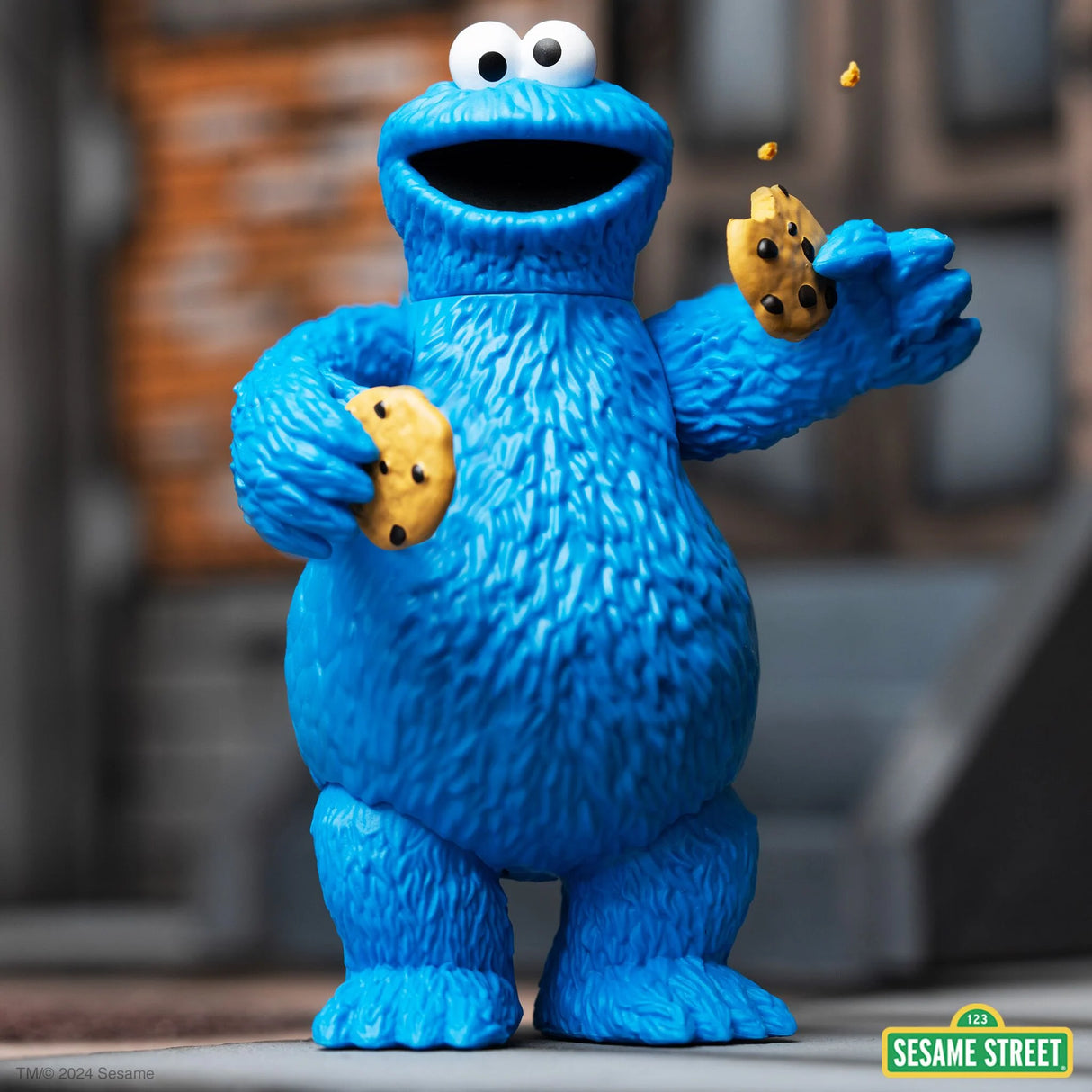 Close-up of Cookie Monster’s googly eyes and fur detail