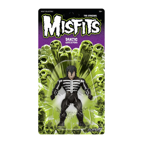 Misfits Danzig Skeleton figure in retro packaging with skull artwork and green-purple background.