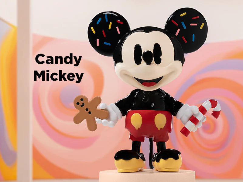 Candy Mickey collectible holding candy cane and gingerbread cookie with sprinkle ears from Disney 100th Anniversary Blindbox.