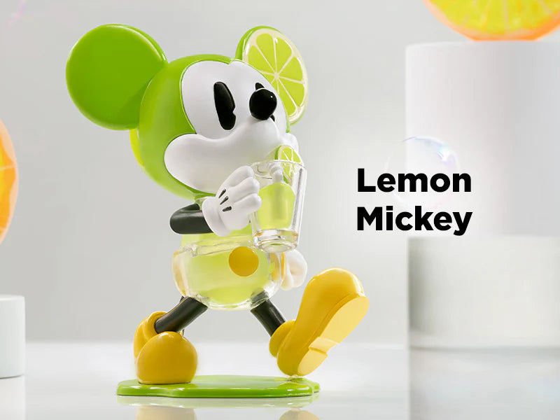 Lemon Mickey vinyl figure from Disney 100th Anniversary Ever Curious Blindbox holding lemonade with lime slice ears.