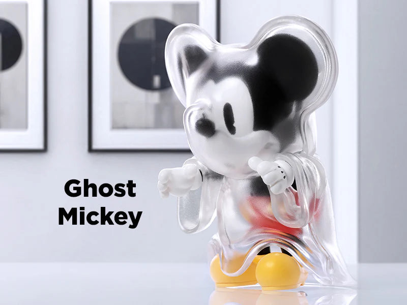 Ghost Mickey vinyl figure with transparent ghost sheet design from Disney 100th Anniversary Ever Curious Blindbox.