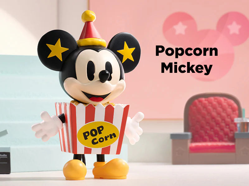Popcorn Mickey collectible figure popping out of a striped popcorn bucket from Disney 100th Anniversary Blindbox.