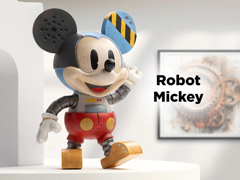 Robot Mickey collectible figure with mechanical arms and gears from Disney 100th Anniversary Ever Curious Blindbox.