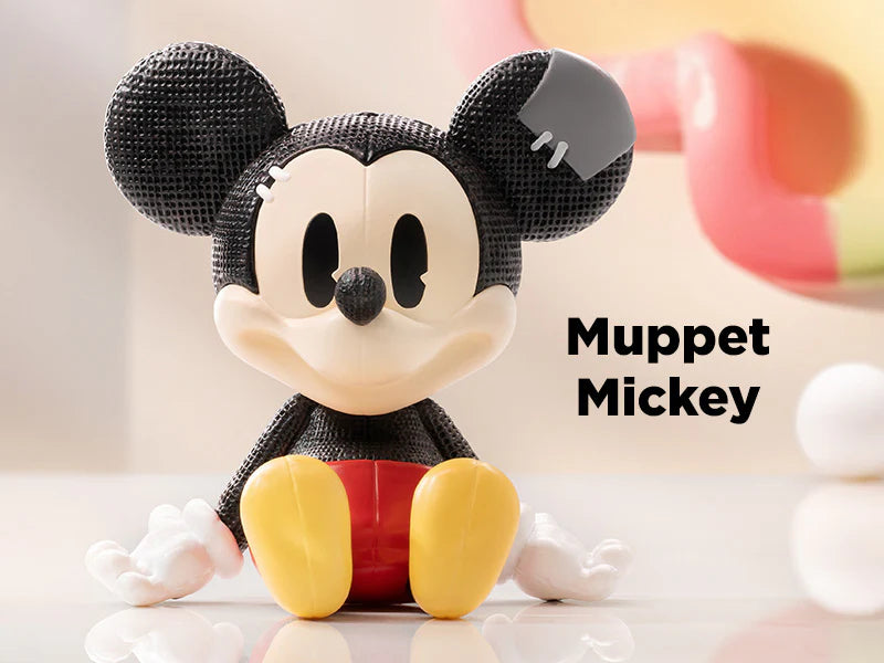 Muppet Mickey figure with textured black body and red shorts from Disney 100th Anniversary Ever Curious Blindbox.
