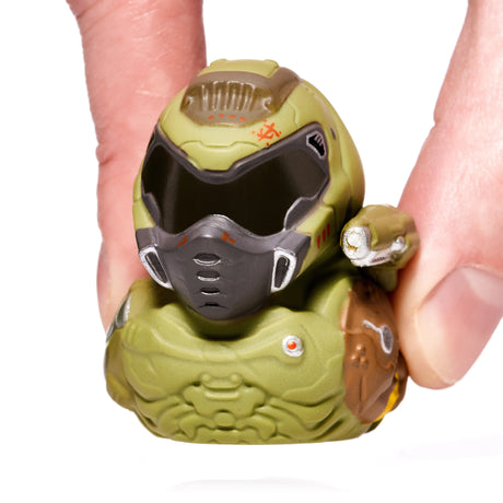 Close-up of Doom Slayer Mini TUBBZ collectible duck in green armor