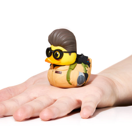 Mini Egon Spengler duck collectible resting on an open palm
