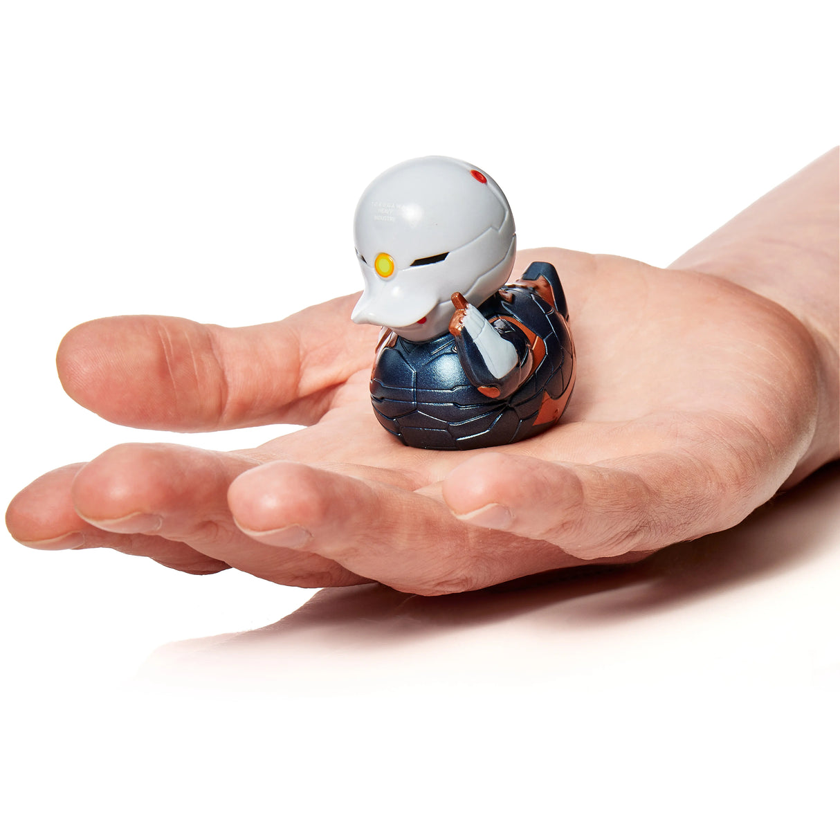 Close-up of cyber ninja Gray Fox duck figure held in a hand.