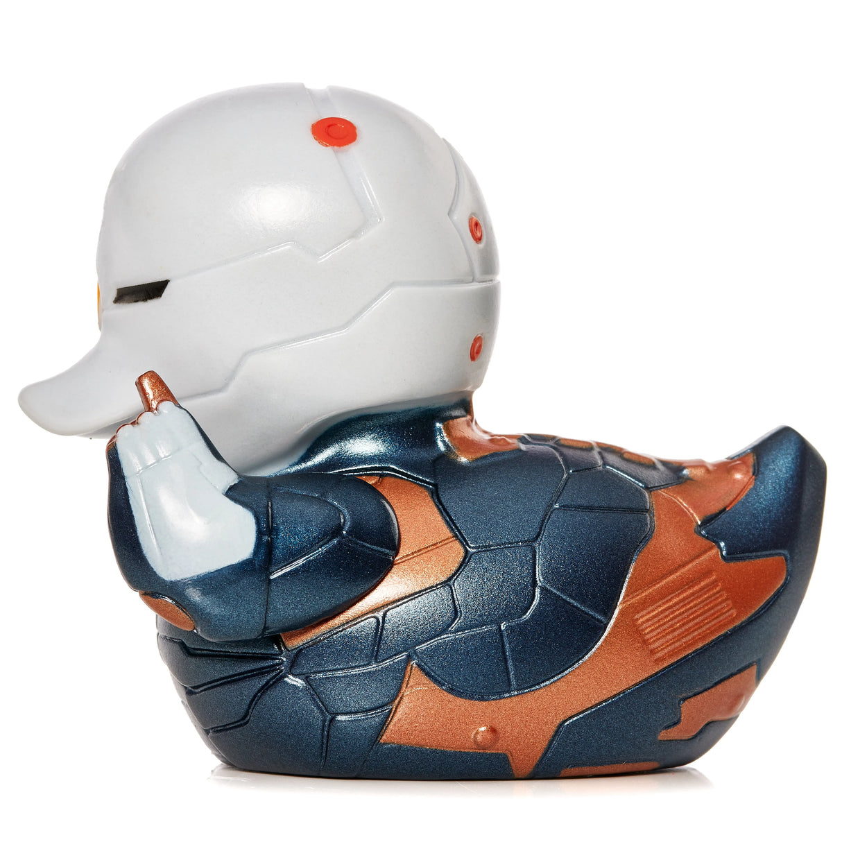 Left side angle of Gray Fox TUBBZ duck in full armor.