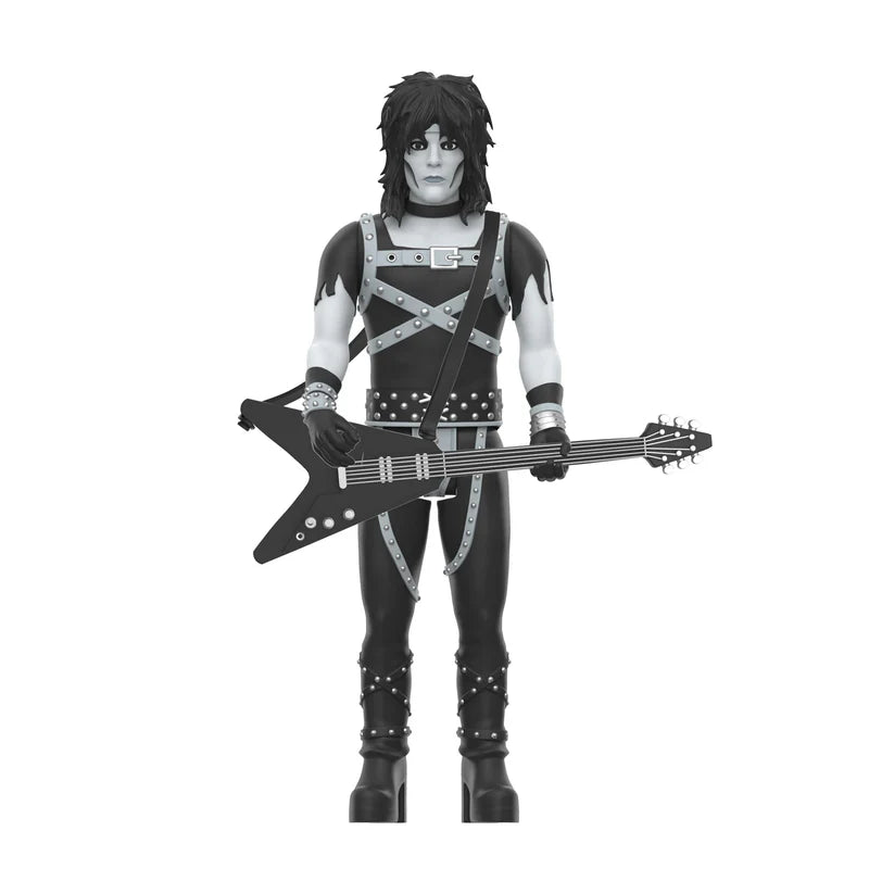 Mick Mars ReAction figure front view holding a black electric guitar in grayscale design