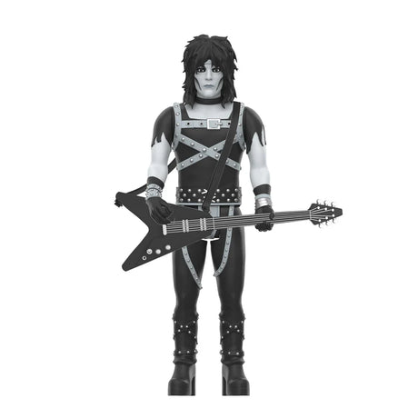 Mick Mars ReAction figure front view holding a black electric guitar in grayscale design