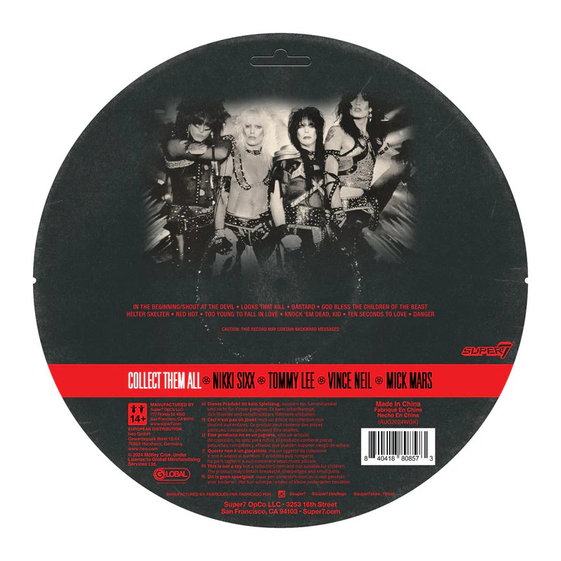 Back of Mötley Crüe album-style packaging showing full band lineup in black-and-white