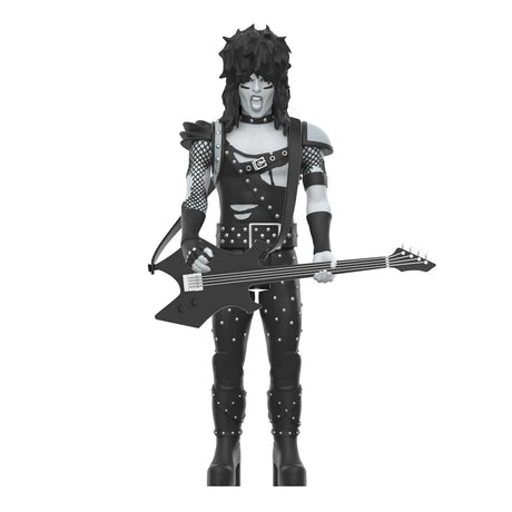 Close-up of Nikki Sixx ReAction figure in black-and-white outfit with bass guitar accessory