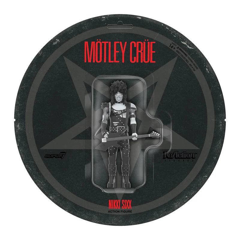 Nikki Sixx figure in round blister packaging with Mötley Crüe logo and die-cut album-style card