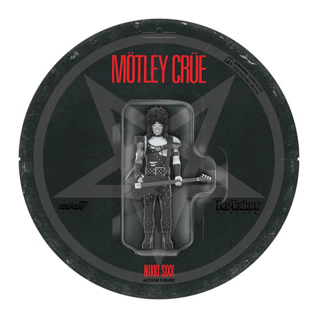 Nikki Sixx figure in round blister packaging with Mötley Crüe logo and die-cut album-style card