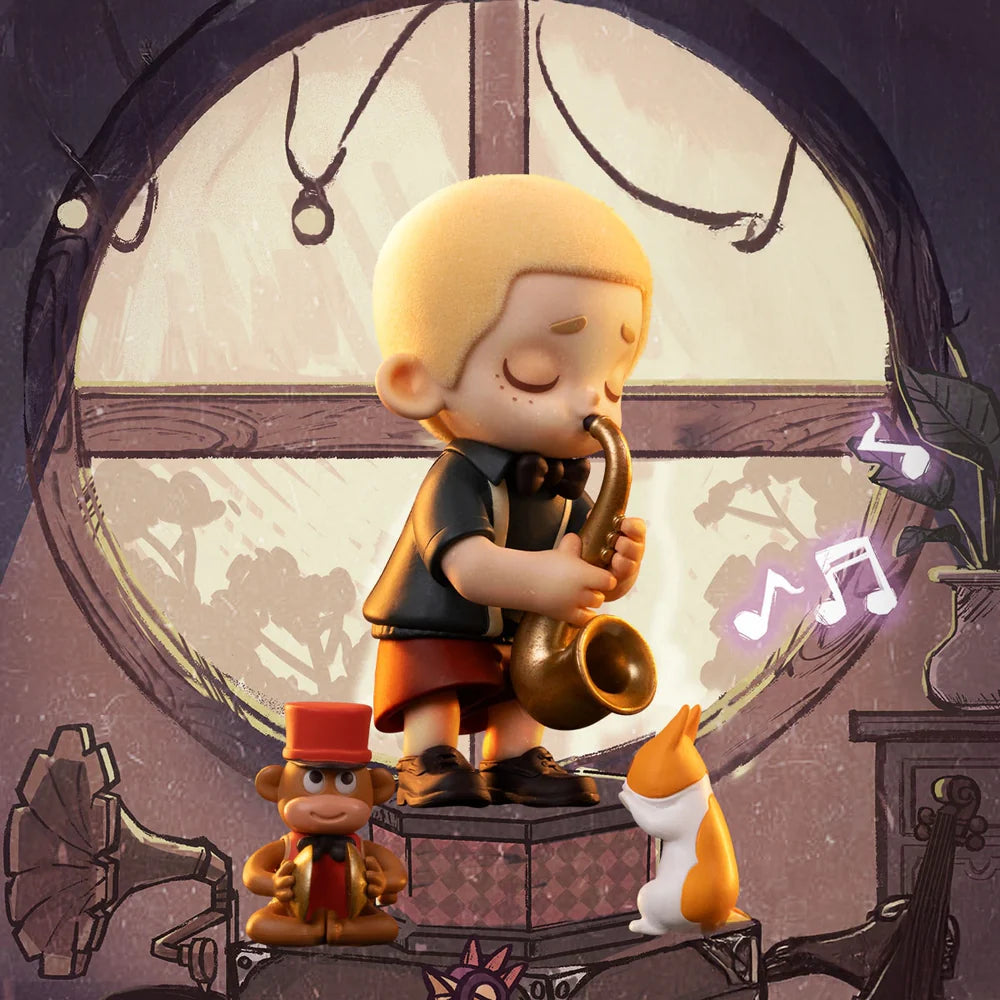 Nook In Vintage Store blind box vinyl figure performing music on pedestal with nostalgic illustrated background