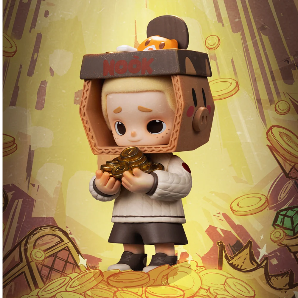Nook In Vintage Store blind box vinyl figure wearing box helmet holding gold coins in nostalgic treasure scene