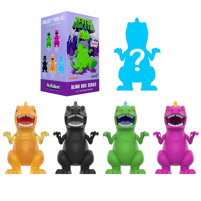 Packaging of Rugrats Reptar blind box with silhouette teaser and 5 collectible color variants.