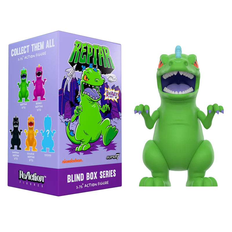 Front view of classic green Reptar ReAction figure from Super7’s Rugrats blind box series.
