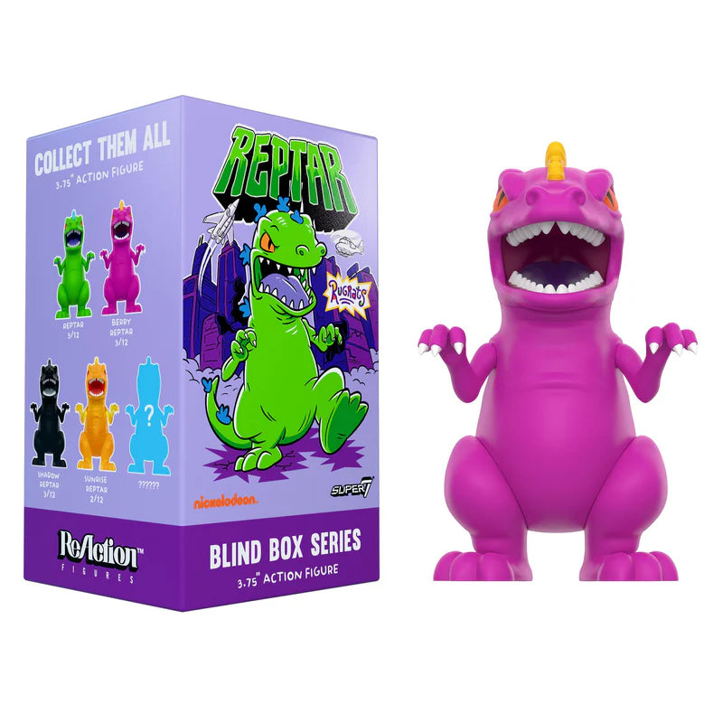 Front view of Berry Reptar vinyl figure in bright pink with yellow horn and claws.