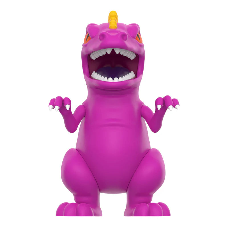 Front view of Berry Reptar vinyl figure in bright pink with yellow horn and claws.