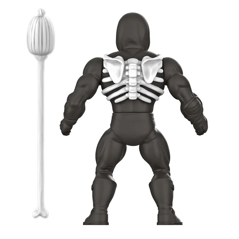 Rear view of Misfits The Fiend action figure showing skeletal back armor and pumpkin staff.