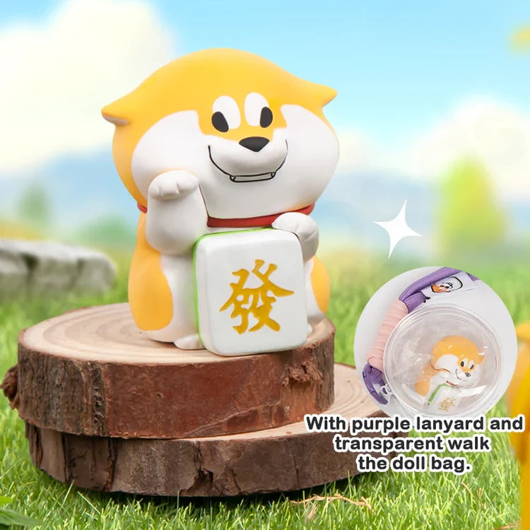 Puppy Crossing blind box collectible Shiba holding a Mahjong tile with purple lanyard