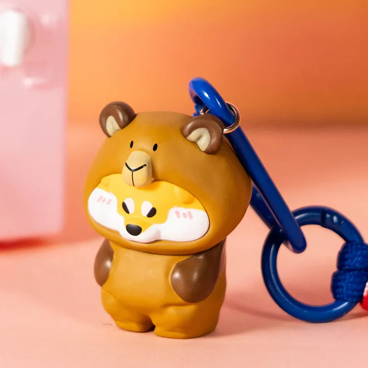 Puppy Crossing keychain blind box Shiba wearing a bear suit with blue lanyard