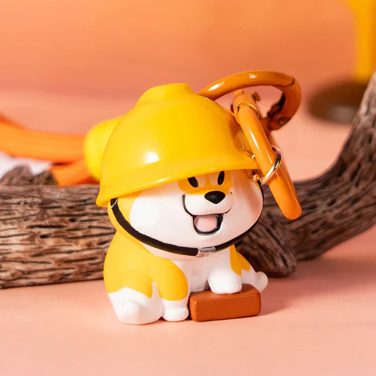 Puppy Crossing blind box collectible Shiba in a yellow construction helmet holding a brick