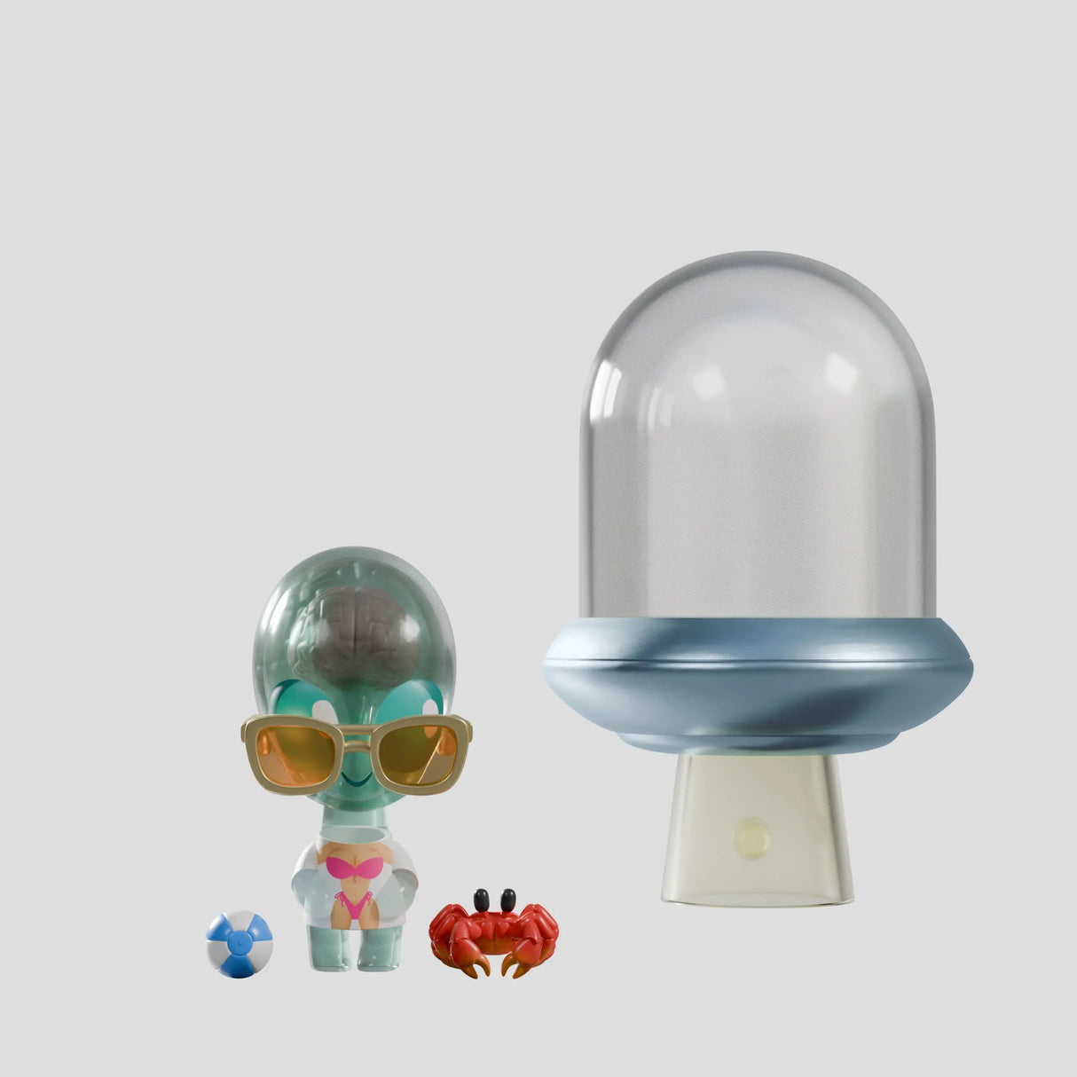 Abducted alien figure with sunglasses, crab and blue UFO
