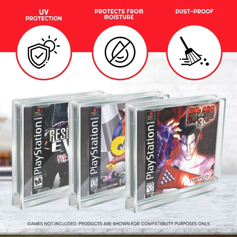 PS1 acrylic display cases protecting retro PlayStation 1 games