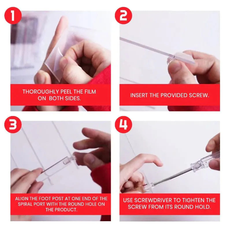 Step-by-step assembly guide for acrylic display risers using provided screws and screwdriver.