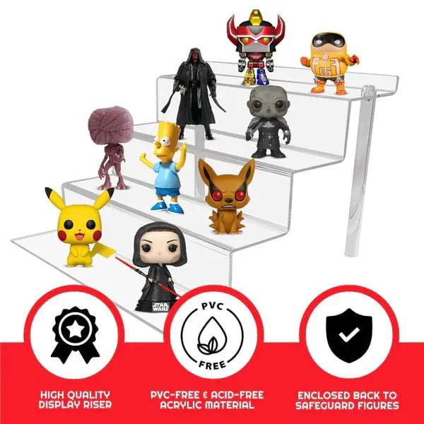 Clear acrylic 4-tier display riser showcasing collectible figures including Pikachu, Bart Simpson, and Darth Vader.