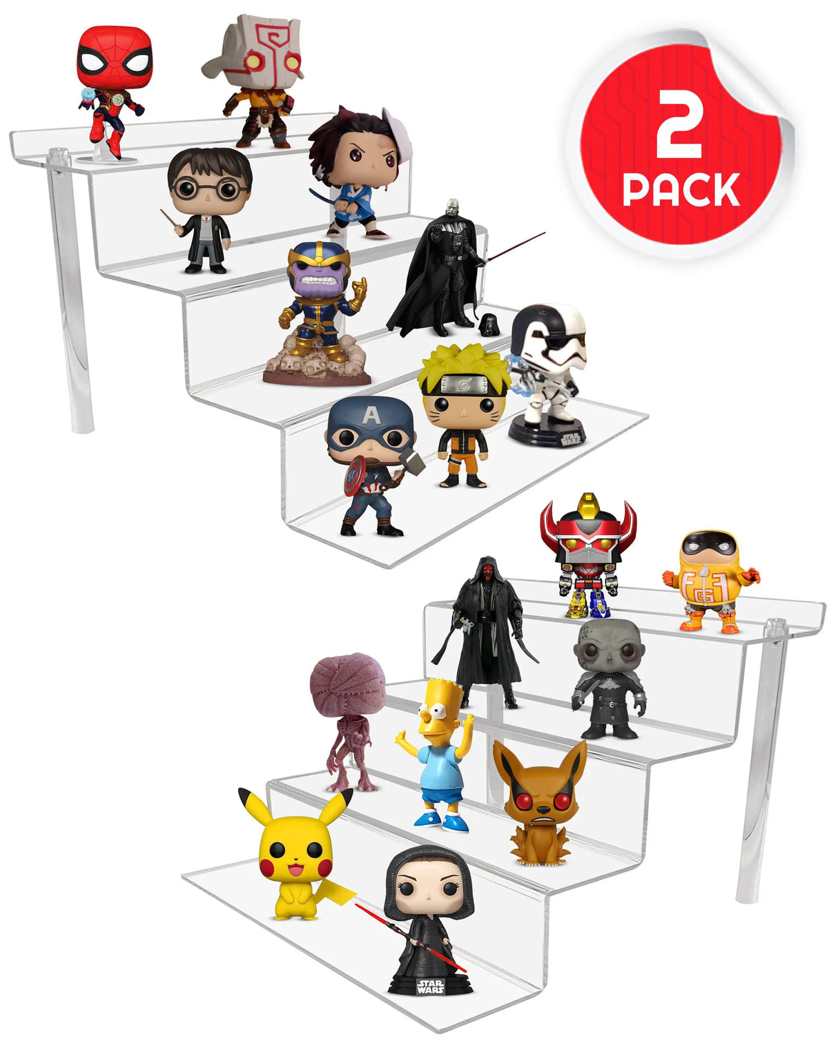 EVORETRO Acrylic Shelf Riser 2-Pack with collectible figures including Spider-Man, Naruto, Pikachu, and Thanos displayed on clear tiers.