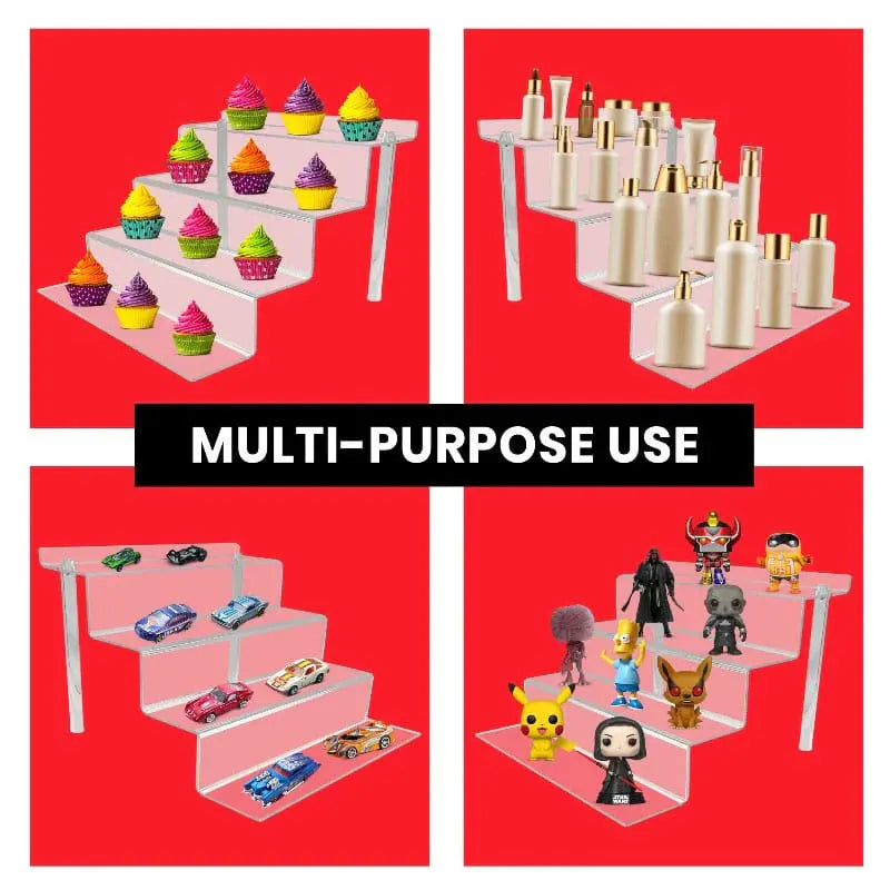 Multi-purpose use of EVORETRO acrylic display risers for cupcakes, perfumes, toy cars, and figures.